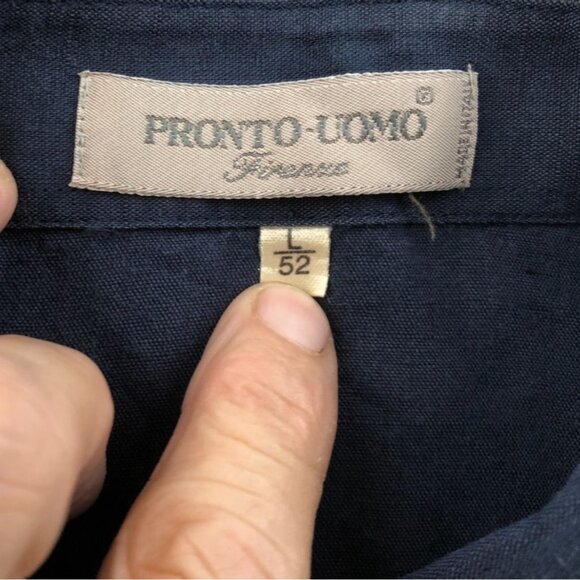 Pronto Uomo Mens Shirt Large Long Sleeve Classic Button Up Casual Navy Travel - Picture 3 of 8